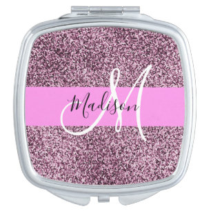 Glam Pink & Violet Glitter Sparkles Monogram Name Compact Mirror