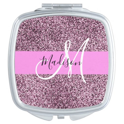 Glam Pink  Violet Glitter Sparkles Monogram Name Compact Mirror