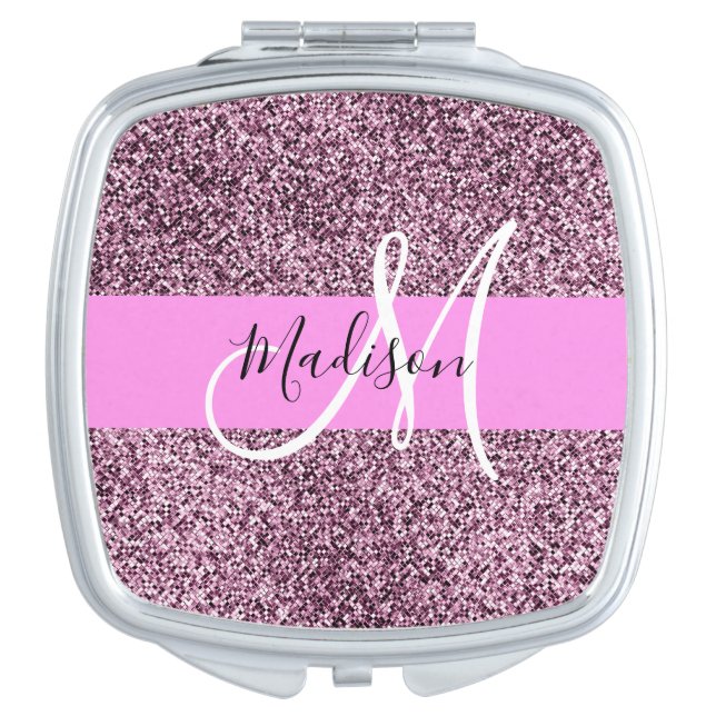 Glam Pink & Violet Glitter Sparkles Monogram Name Compact Mirror (Front)
