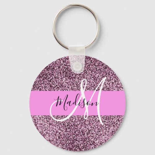 Glam Pink  Violet Glitter Sparkles Monogram Name Keychain