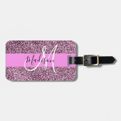 Glam Pink  Violet Glitter Sparkles Monogram Name Luggage Tag