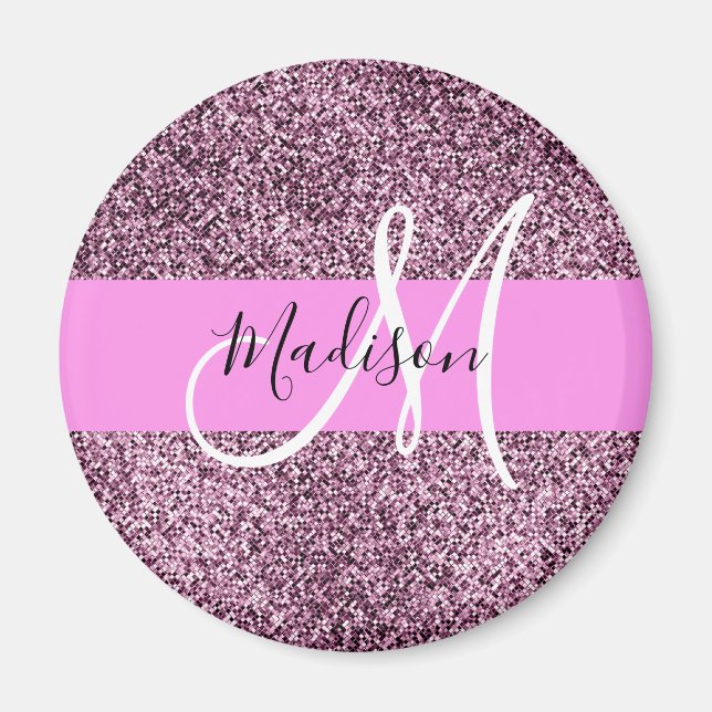 Glam Pink & Violet Glitter Sparkles Monogram Name Magnet (Front)