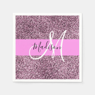 Glam Pink & Violet Glitter Sparkles Monogram Name Napkins