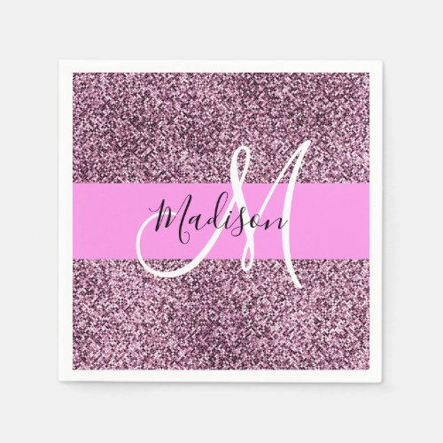 Glam Pink  Violet Glitter Sparkles Monogram Name Napkins