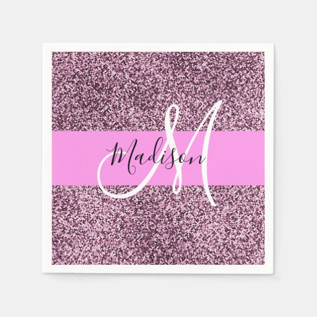 Glam Pink & Violet Glitter Sparkles Monogram Name Napkins (Front)