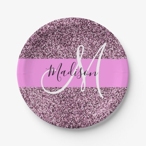 Glam Pink  Violet Glitter Sparkles Monogram Name Paper Plates