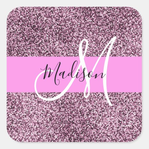 Glam Pink  Violet Glitter Sparkles Monogram Name Square Sticker