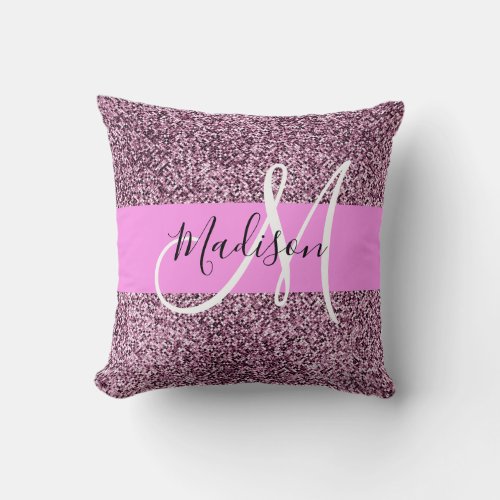 Glam Pink  Violet Glitter Sparkles Monogram Name Throw Pillow