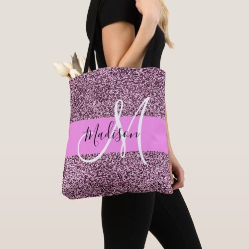 Glam Pink  Violet Glitter Sparkles Monogram Name Tote Bag