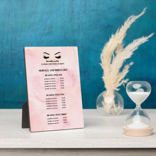 Glam Pink Watercolor EYELASH SALON SERVICE LIST Plaque