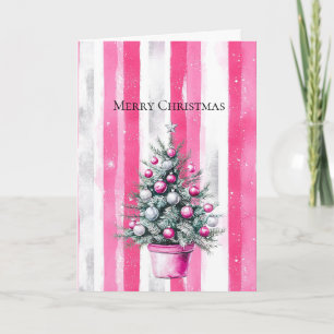 Glam Pink White Christmas Tree Stripes Card