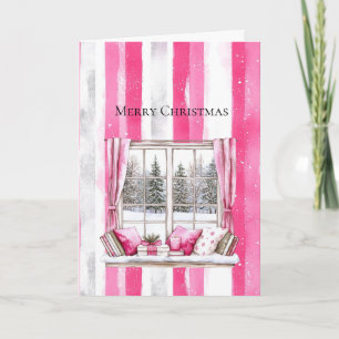 Glam Pink White Christmas Tree Window Stripes Card