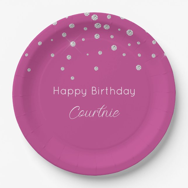 Glam Pink White Diamonds Birthday Paper Plates (Front)