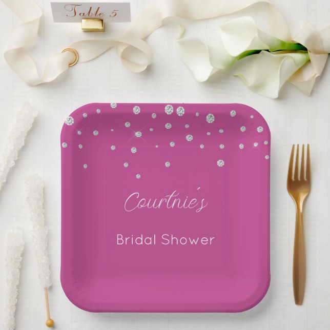 Glam Pink White Diamonds Bridal Shower Paper Plates (Wedding)
