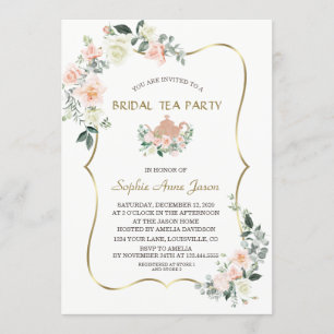 Glam Pink White Floral Gold Frame Bridal Tea Party Invitation