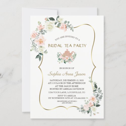 Glam Pink White Floral Gold Frame Bridal Tea Party Invitation