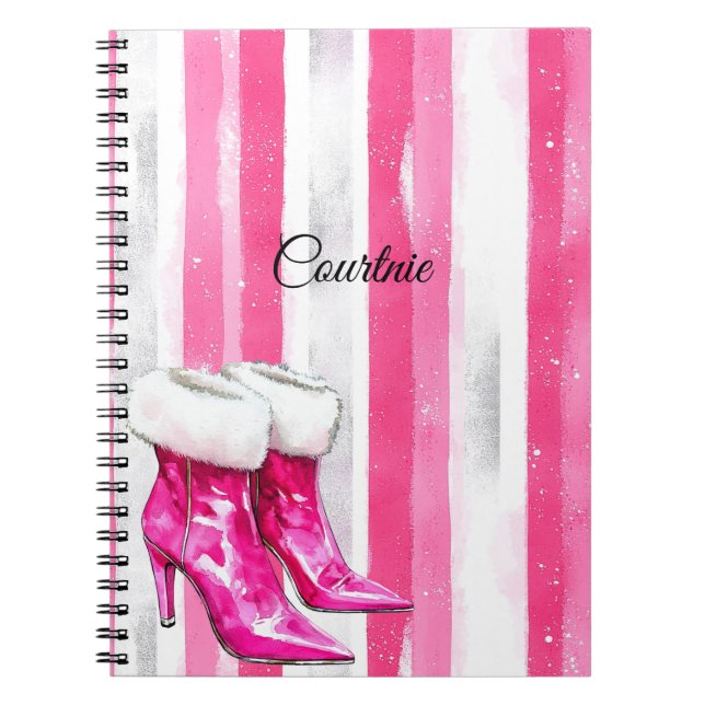 Glam Pink White Fur High Heel Boots Notebook (Front)