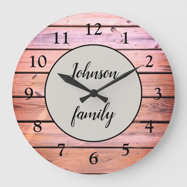 Glam Pink Wood Family Name Large Clock (Front)