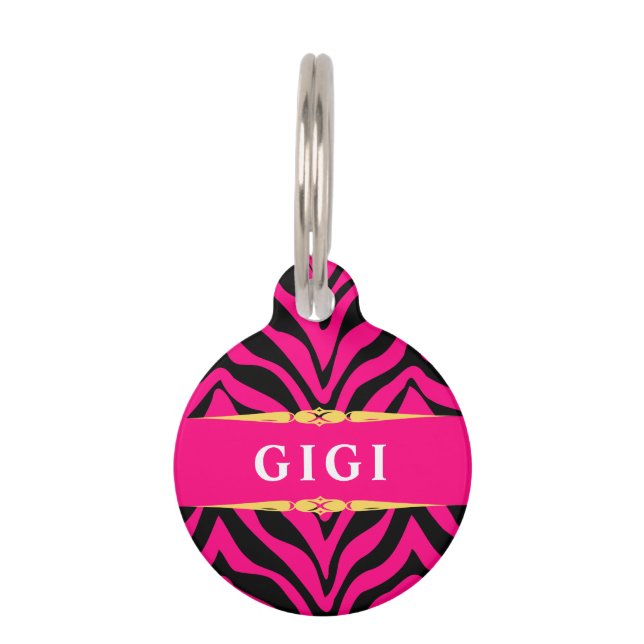 Glam Pink Zebra Print Personalized Pet ID Tag (Front)
