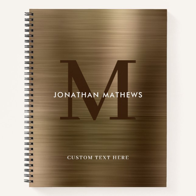 Glam Plain Brushed Metallic Gold Monogram Notebook (Front)