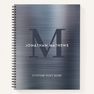 Glam Plain Brushed Metallic Gray Silver Monogram Notebook