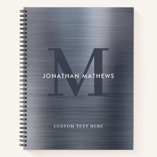 Glam Plain Brushed Metallic Gray Silver Monogram Notebook (Front)