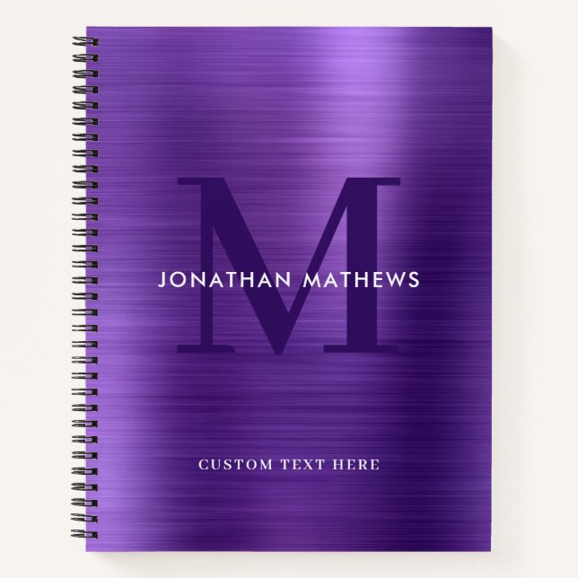 Glam Plain Brushed Metallic Purple Monogram Notebook (Front)