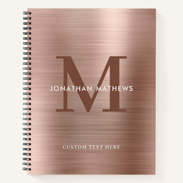 Glam Plain Brushed Metallic Rose Gold Monogram Notebook (Front)