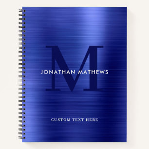 Glam Plain Brushed Metallic Royal Blue Monogram Notebook