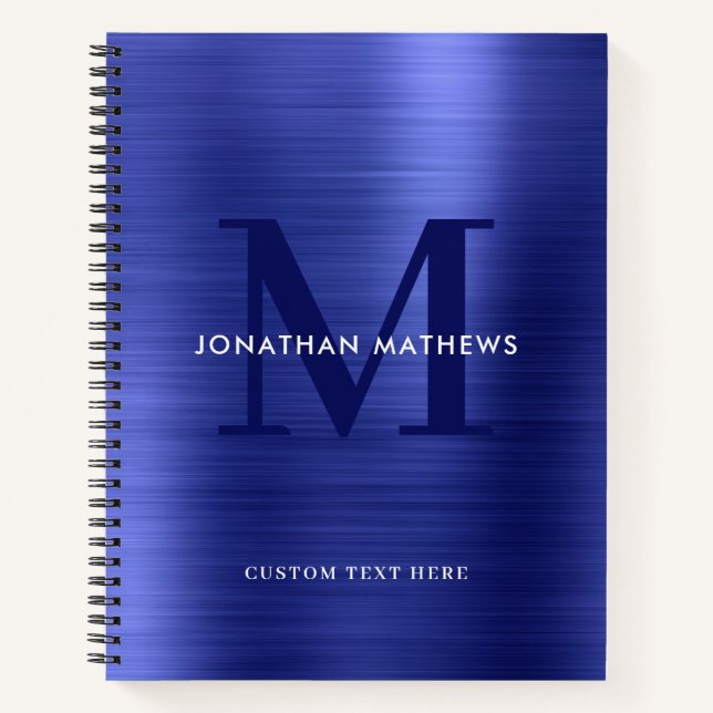 Glam Plain Brushed Metallic Royal Blue Monogram Notebook (Front)