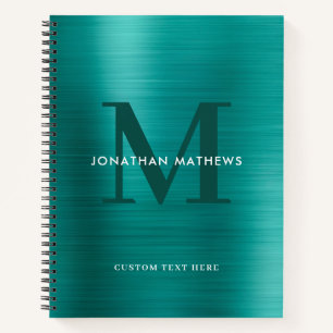 Glam Plain Brushed Metallic Teal Monogram Notebook