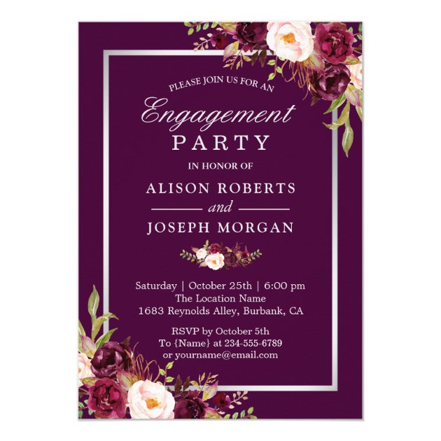 Glam Plum Purple Floral Wedding Engagement Party Invitation