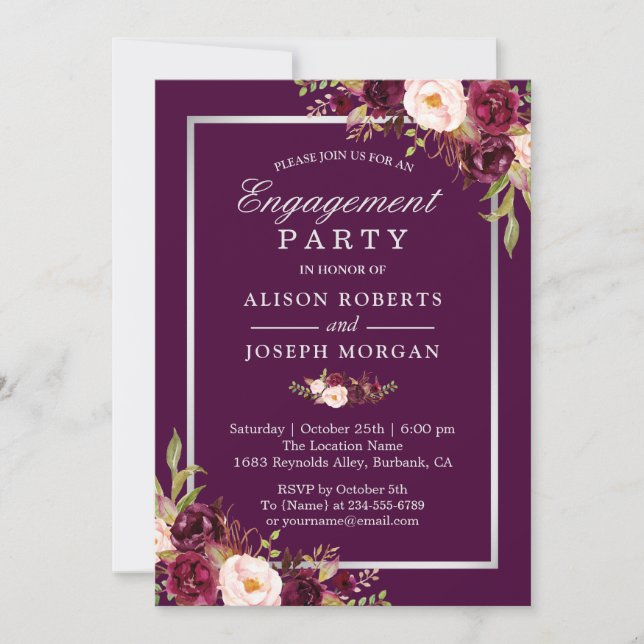 Glam Plum Purple Floral Wedding Engagement Party Invitation (Front)