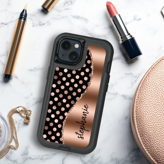 Glam Polka Dot Pattern Rose Gold Black Otterbox iPhone Case (Creator Uploaded)