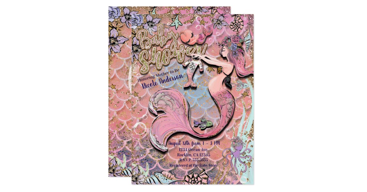 Glam Prego Mermaid Gold Glitter Baby Shower Invitation Zazzle Com