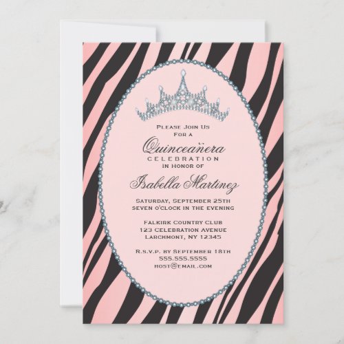 Glam Princess Tiara Zebra Pink Quinceanera Party Custom Invitation