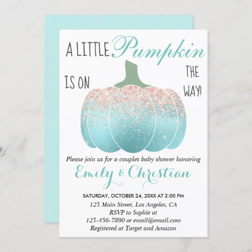 Glam Pumpkin Aqua Peach Orange Glitter Baby Shower Invitation