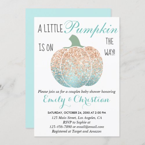 Glam Pumpkin Aqua Peach Orange Glitter Baby Shower Invitation
