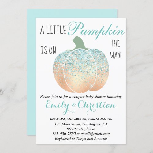 Glam Pumpkin Aqua Turquoise Glitter Baby Shower Invitation