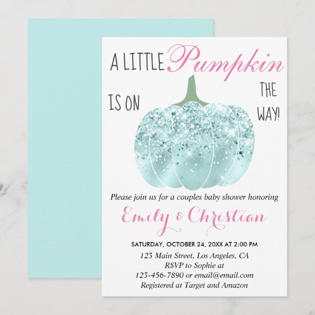 Glam Pumpkin Aqua Turquoise Glitter Baby Shower Invitation (Front/Back)