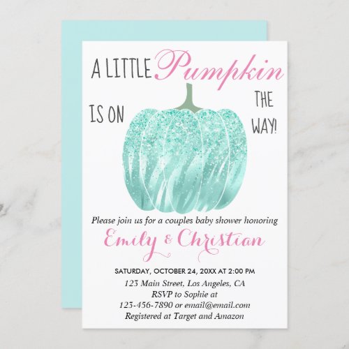 Glam Pumpkin Aqua Turquoise Glitter Baby Shower Invitation
