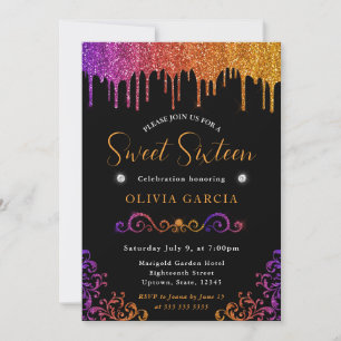 Glam Purple and Orange Gradient Glitter Sweet 16 Invitation
