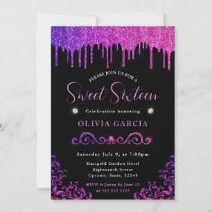 Glam Purple and Pink Gradient Glitter Sweet 16 Invitation