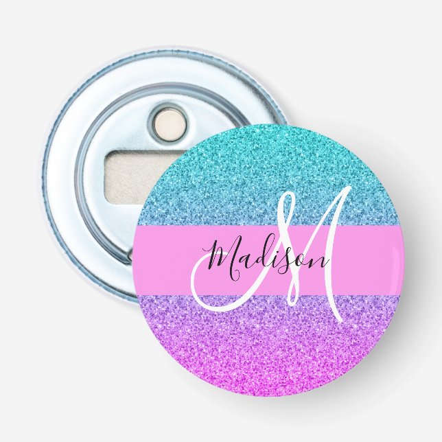Glam Purple Aqua Glitter Sparkle Gradient Monogram Bottle Opener (Front)
