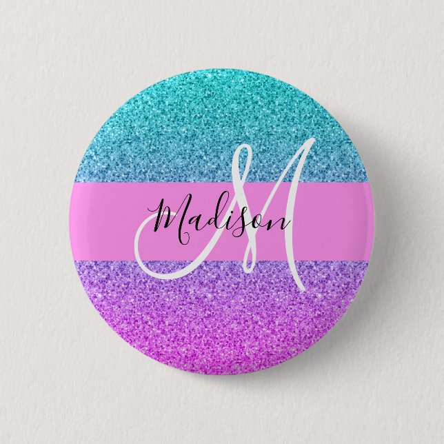 Glam Purple Aqua Glitter Sparkle Gradient Monogram Button (Front)