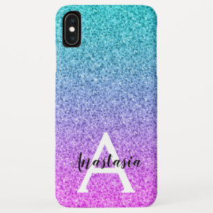 Glam Purple Aqua Glitter Sparkle Gradient Monogram iPhone XS Max Case