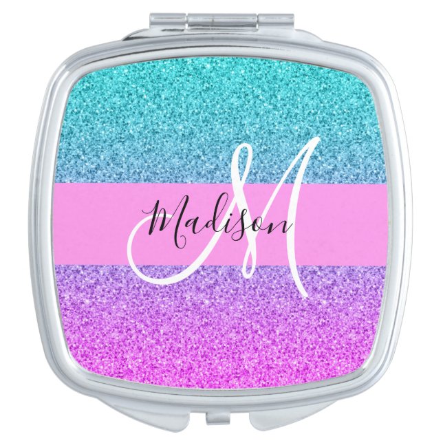 Glam Purple Aqua Glitter Sparkle Gradient Monogram Compact Mirror (Front)