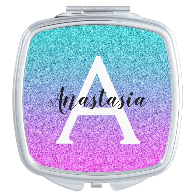 Glam Purple Aqua Glitter Sparkle Gradient Monogram Compact Mirror (Front)