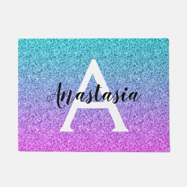 Glam Purple Aqua Glitter Sparkle Gradient Monogram Doormat (Front)