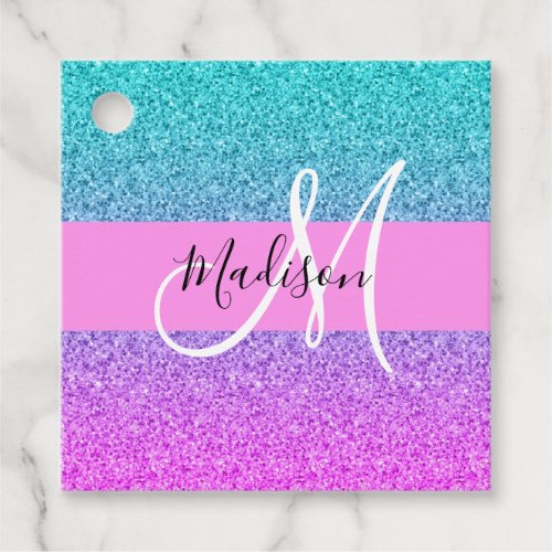 Glam Purple Aqua Glitter Sparkle Gradient Monogram Favor Tags